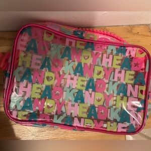 Clear Pink Travel Cosmetic Bag with Multicolor Lettering